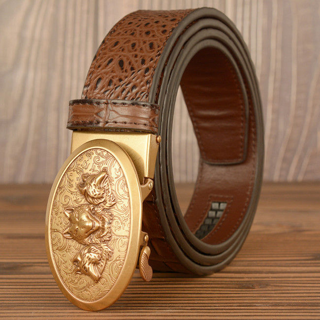 New Three Wolf Head Vintage Leather Male Leather Auto Button Business Belt Gator Pure Leather Men's Belt