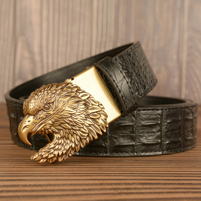 Crocodile Men's real cowhide belt personality vintage eagle head automatic buckle belt youth and middle aged belt