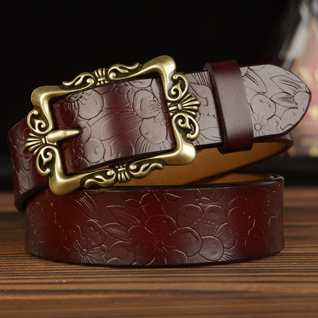 New Leather Belt Female Vintage embossed True Leather Belt Ladies Wide Carted Jeans Decor Belt