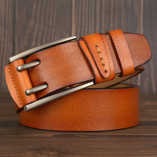 Real cowhide Men's belt casual belt personality Fashion double pin buckle jeans cowhide belt male