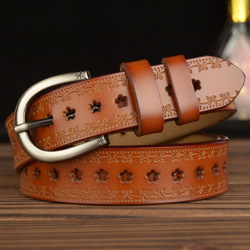 The new hollow-out real leather belt women's casual versatile leather belt breathable decorative trouser belt personality