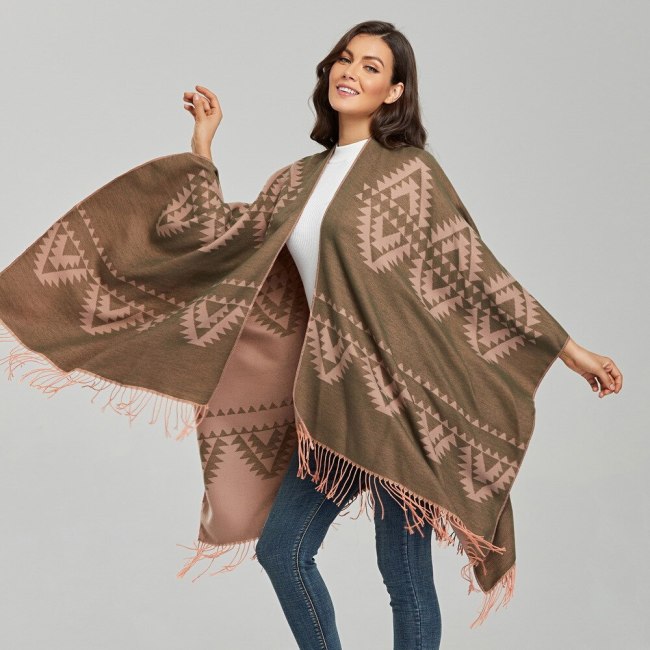 Geometric Embroidery Women Scarves Vintage Cardigan Winter Oversized Warm Blanket Fashion Office Lady Poncho Capes Mujer 2021
