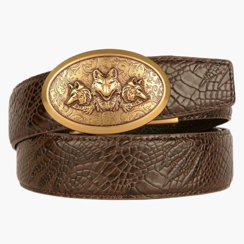 New crocodile print belt Men's double-sided head layer cowhide leisure business Wolf head automatic buckle belt gift
