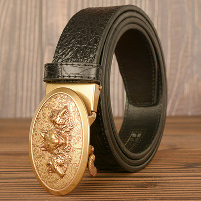 New Three Wolf Head Vintage Leather Male Leather Auto Button Business Belt Gator Pure Leather Men's Belt