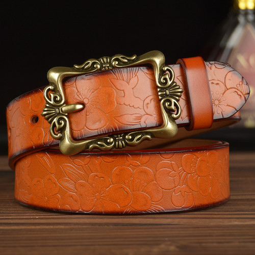Ladies belt stereo flower real cowhide female belt with personality decorative belt female wide vintage cowhide belt