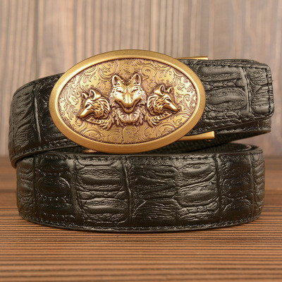 New crocodile print belt Men's double-sided head layer cowhide leisure business Wolf head automatic buckle belt gift