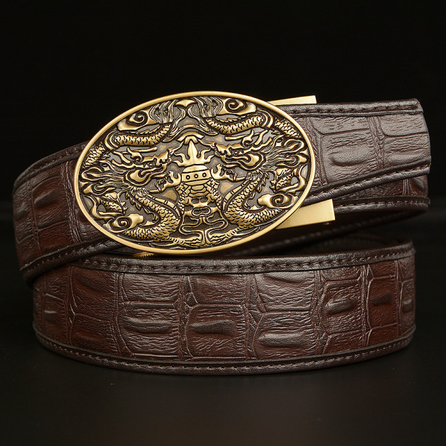 Vintage Wolf head automatic buckle men's belt real cowhide leather personality crocodile pattern casual belt men's fashion casual pants belt