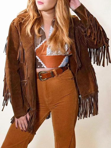 Women's Brown Jacket long-sleeved Suede Leather Cowgirl Tassel Coat