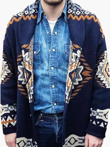 Long-Sleeved Jacquard Sweater V-Neck Aztec Pattern Loose Cardigan Sweater Coat