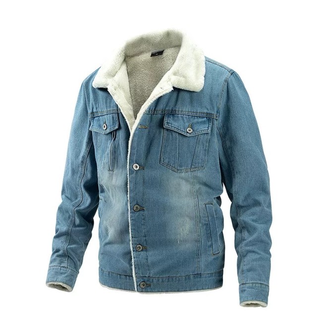 Kayce Dutton Blue Denim Jacket Winter Plus Fleece Warm Jacket Sherpa Lined Turn Down Collar for Cowboy