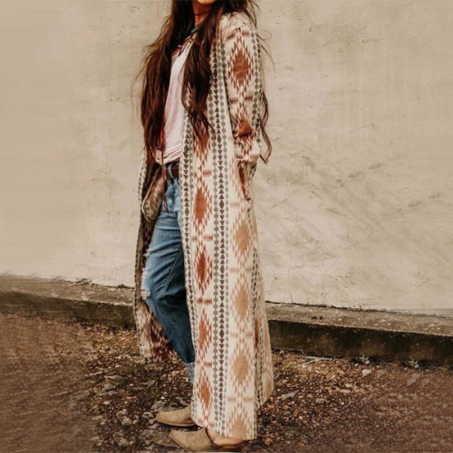 Vintage Long Coat Women Trench Spring Thin Cardigan Female Casual Knitted  Duster Coats Fashion Street Print Large Size