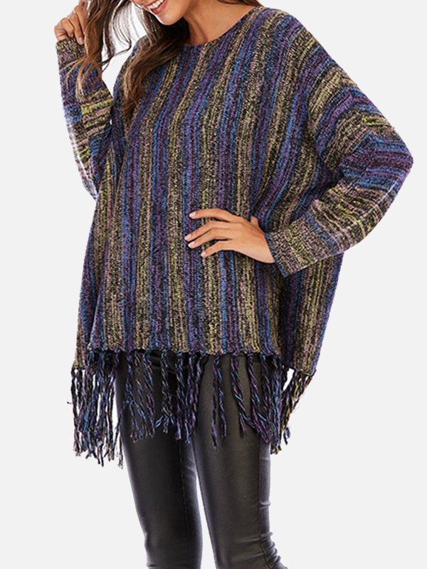 Women Pullover Knit Top Loose Style Patch Color Striped Fringed Sweater