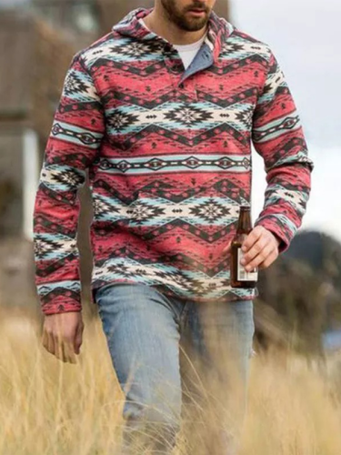 Men Hooded Shirt Aztec Pattern Long-Sleeved Cowboy Wear For Men