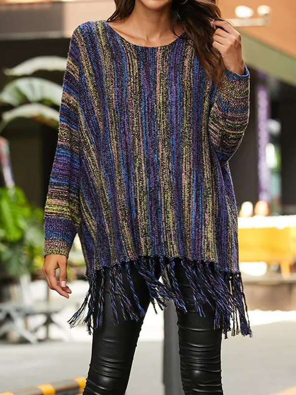 Women Pullover Knit Top Loose Style Patch Color Striped Fringed Sweater