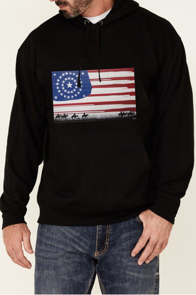 western style outfits flag & horse riding picture men's string hoodies