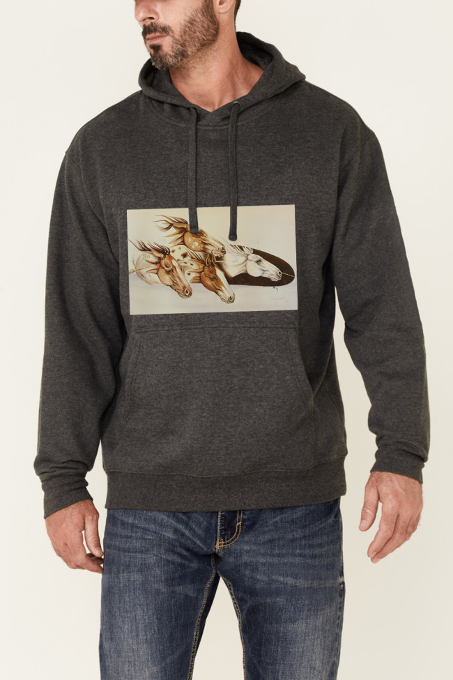cowboy style horses picture print string hoodies for men