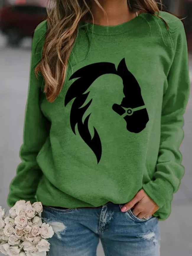 Girl And Horse Print Long Sleeve Sweatshirt