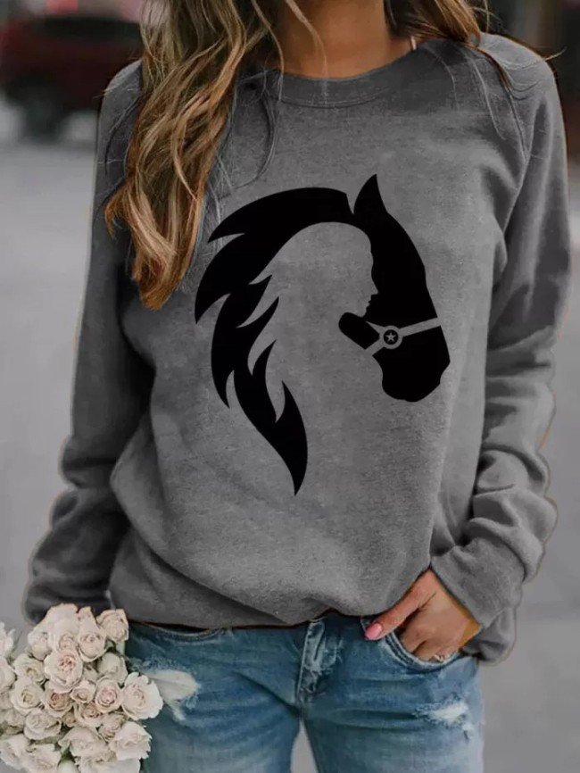 Shop Girl And Horse Print Long Sleeve Sweatshirt - Zicopop