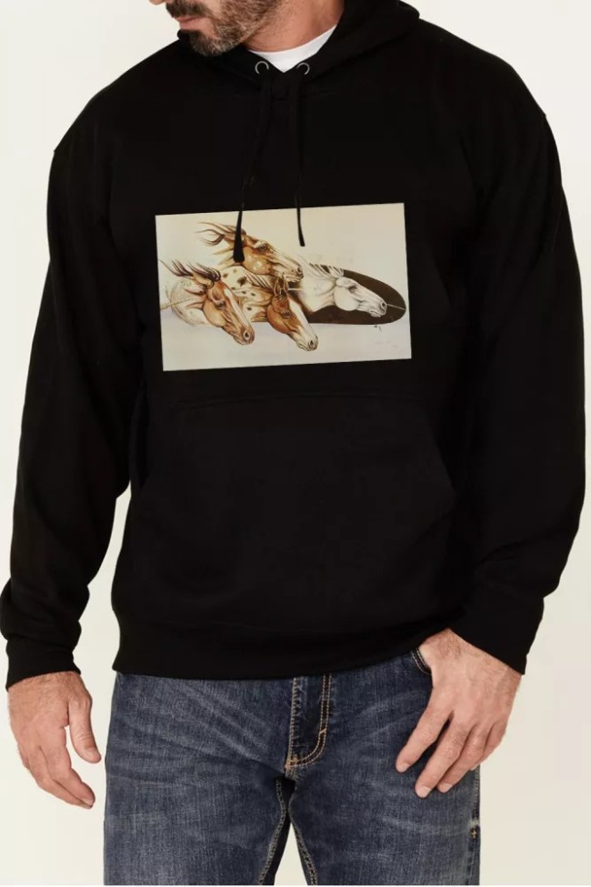 cowboy style horses picture print string hoodies for men
