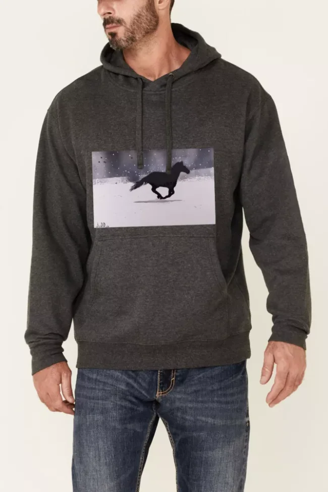western style outfits running horse in snow string hoodies for men