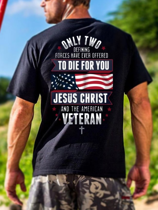 American flag veteran text print round neck short-sleeved T-shirt