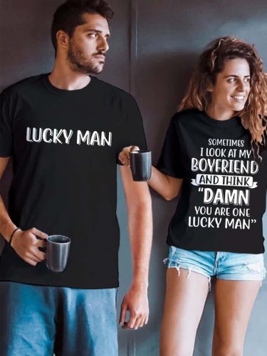 Lucky Man Valentine Crew Neck Couple Graphic T-Shirts