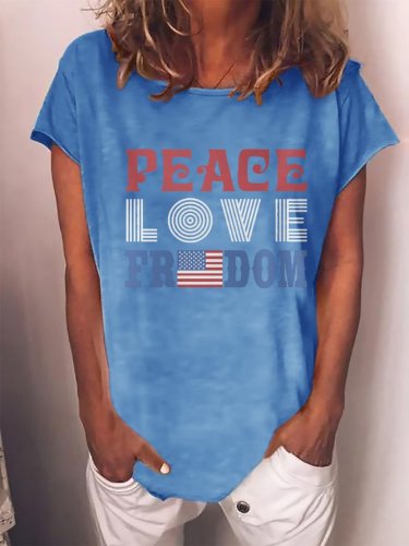 Peace Love Freedom American Flag Graphic Short Sleeve Loose Tee
