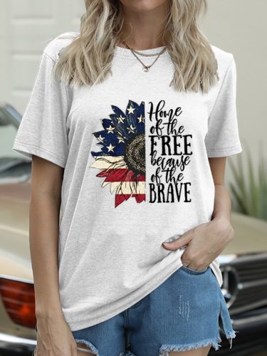 Sunflower American Flag Home Of The Free Because Of The Brave Cotton-Blend Crew Neck Shirts & Tops