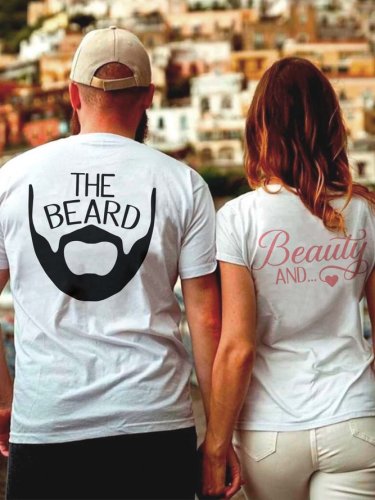 Beauty And The Beard Funny Crew Neck Cotton Couple Graphic T-Shirts