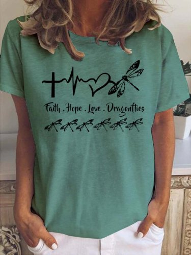Faith hope love dragonflies round neck short sleeve T-shirt