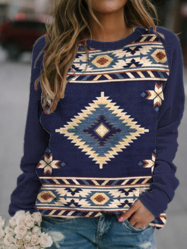 Western Style Aztec Pattern Long Sleeve Sweatshirt For Women