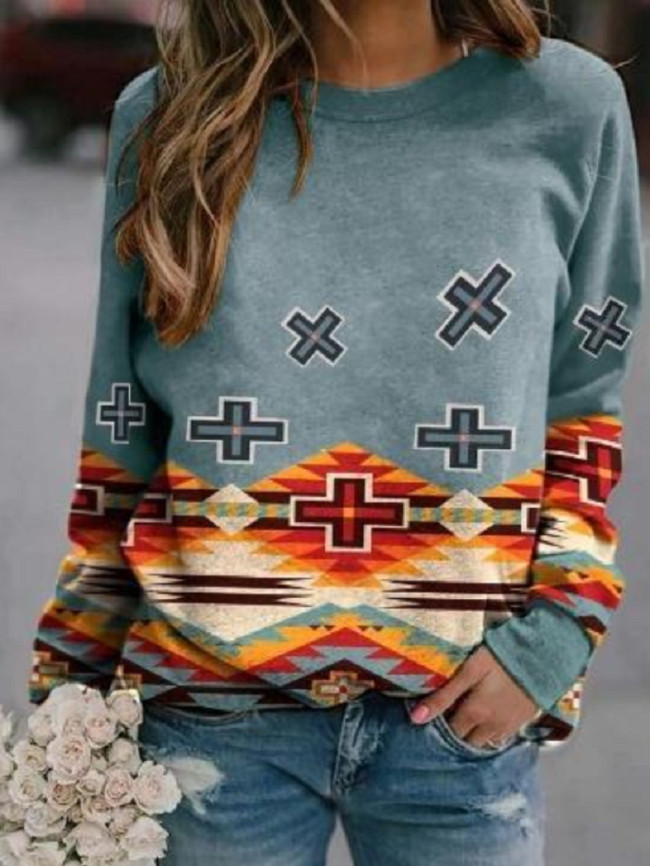 Aztec Style Western Wear Long Sleeve Sweatshirt For Women