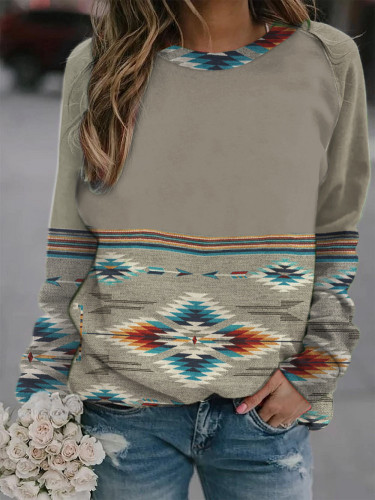 Aztec Style Western Wear Long Sleeve Sweatshirt For Women