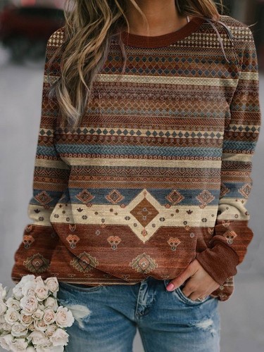 Western Wear Style Aztec Pattern Long Sleeve Sweatshirt For Women