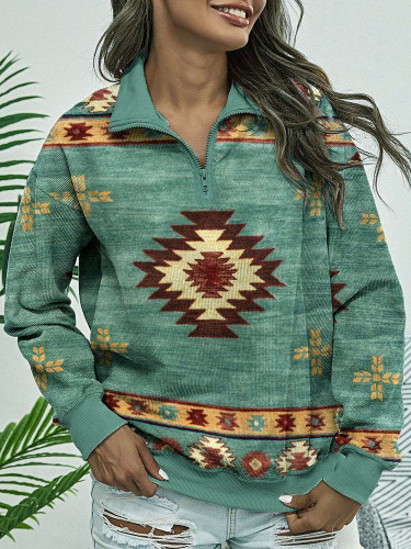 2022 Women's Aztec Africa Native Ethnic Sweatshirt Zipper Neck