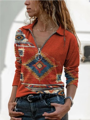 Womens Aztec Native Amercian Long Sleeve Sweatshirt Geometric Jacquard Pattern Western Shirt