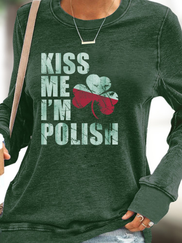 Shamrock Sweatshirt Women's Kiss Me I'm Polish Long Sleeve Pullover Hoodies