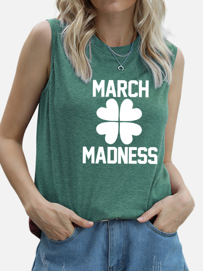 Women's March Madness Sleeveless Four Leaf Clover Sweatshirt St Patrick's Day Tank