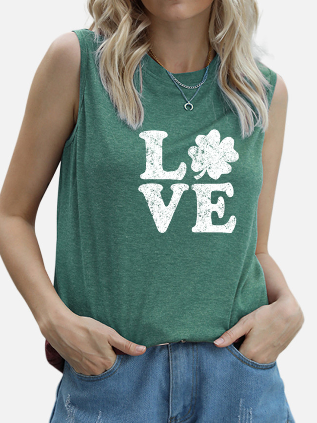 Women's St Patrick's Day Love Image Sleeveless Four Leaf Clover Sweatshirt Tank