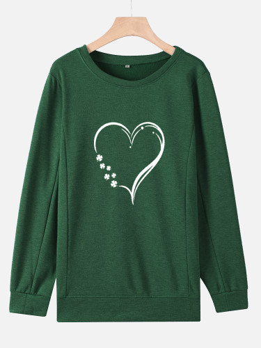 Four Leaf Clover Sweatshirt Women's Heart Image Long Sleeve Pullover St Patrick's Day Hoodies