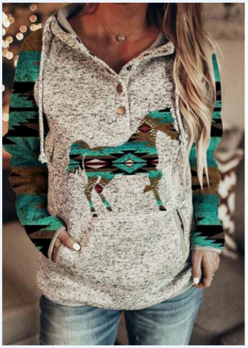 2022 Women's Aztec Colorful Western Horse Hoodie with Pocket