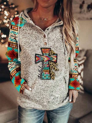 Women's Aztec Cross Pattern Loose Hoodie with Pocket