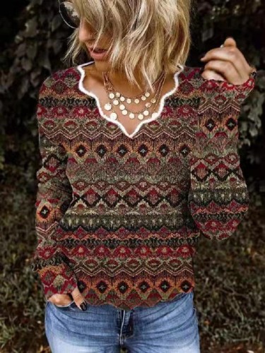 2022 Women's Aztec Colorful Ethnic Loose Long Sleeve T-Shirt