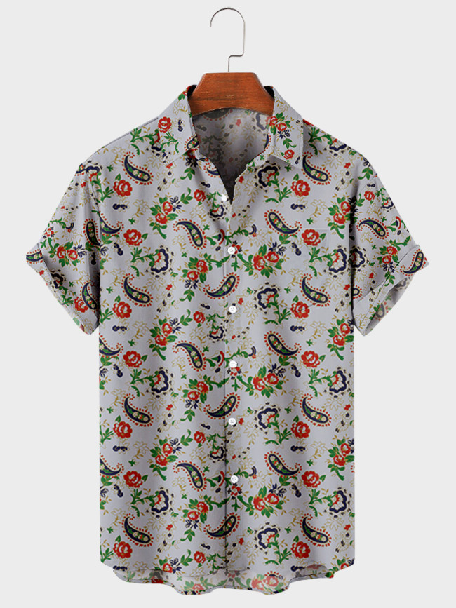 US$ 21.59 - Mens Paisley Dress Shirt Floral Print Short Sleeve Button ...