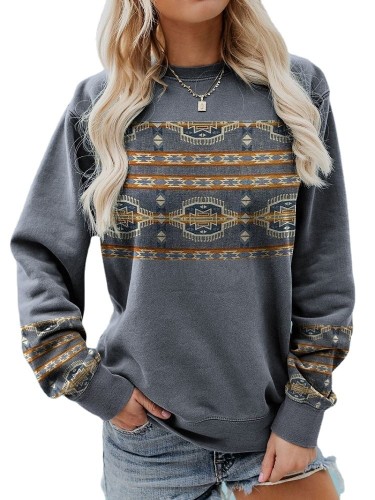 Women's Aztec Enthic Geometric Pattern Crew Neck Long Sleeve Sweatshirt Grey