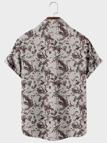 Mens Paisley Jacquard Shirt Floral Print Short Sleeve Button Down Shirt