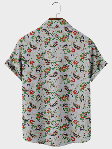 Mens Paisley Dress Shirt Floral Print Short Sleeve Button Down 70s Pattern Shirt