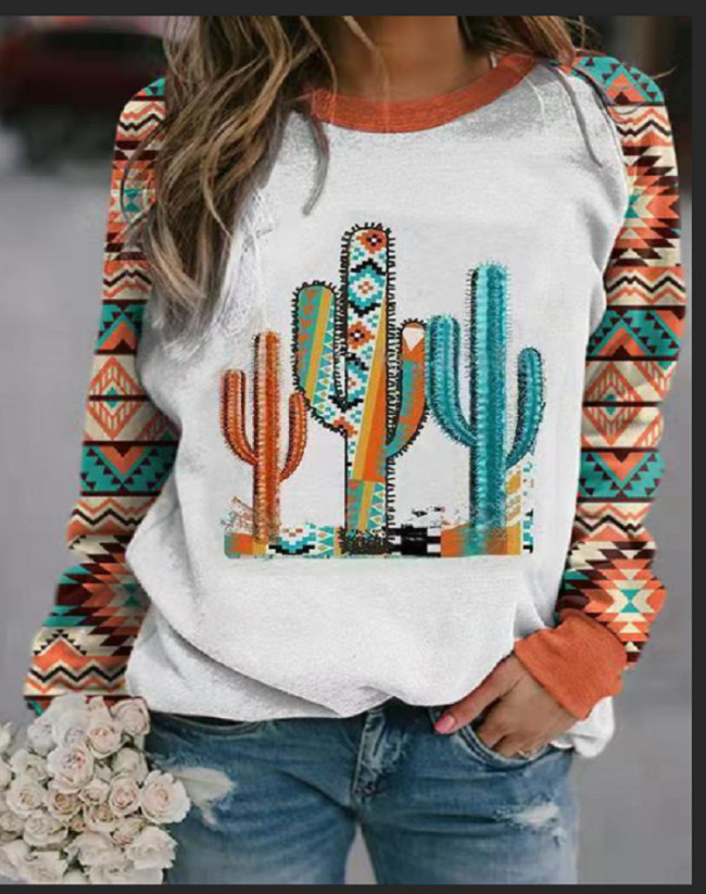 2022 Women's Aztec Native Africa Cactus Pattern Casual Long Sleeve T-Shirt