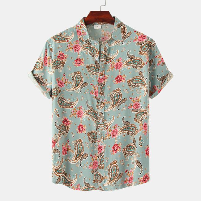 Mens Paisley Shirt Floral Boho Print Short Sleeve Hawaiian Shirts Button Down Beach Shirts Spring Summer Shirt