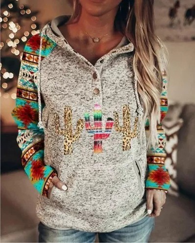 2022 Women's Aztec Colorful Cactus Pattern Loose Hoodie with Pocket